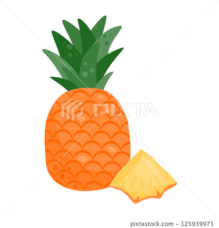 Whole ripe pineapple and sliced slice. Exotic fruit. Vector illustration is isolated on a white background. 125939971