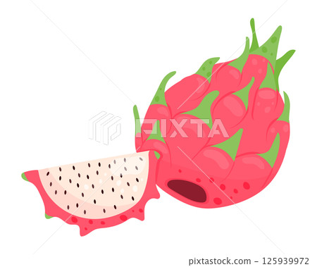 Dragon fruit. Pitaya whole fruit and piece. Pitahay. Vector illustration is isolated on a white background. 125939972