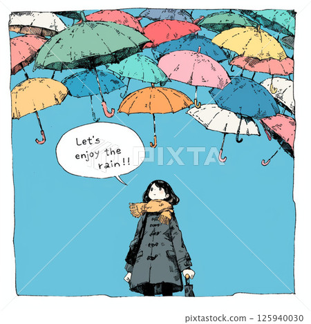 許多雨傘和“讓我們享受雨吧！！”的字樣。 125940030