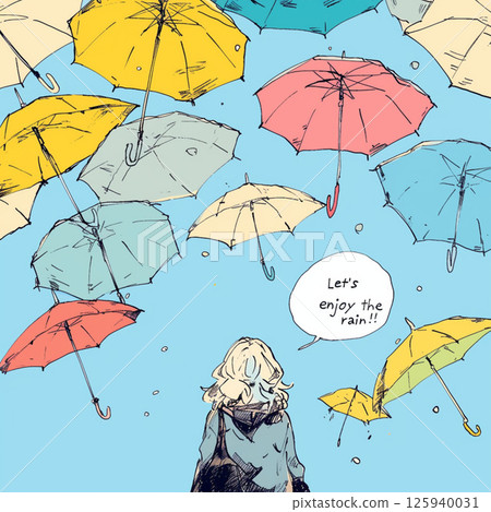 許多雨傘和“讓我們享受雨吧！！”的字樣。 125940031
