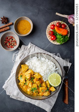 chicken cooked with curry sauce chicken cooked with curry sauce 125940063