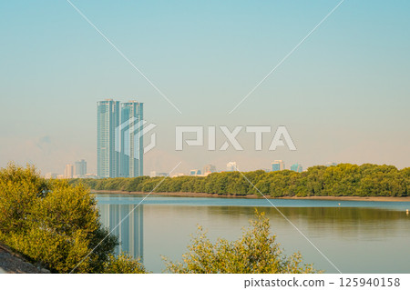 Ras al Khaimah city view, Palm-lined walkway Ras al Khaimah city view, Palm-lined walkway 125940158