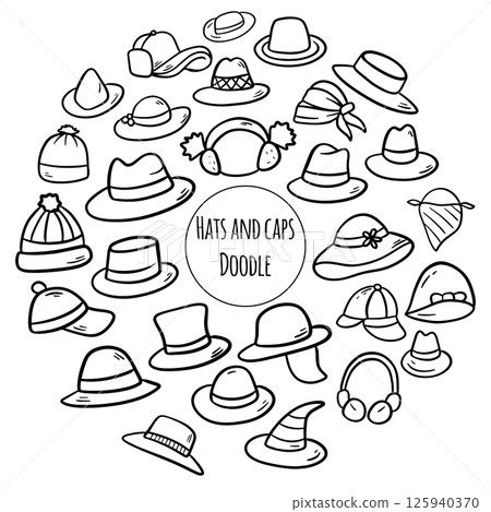 Hats and caps doodle illustration. Thin line art about clothes. 125940370