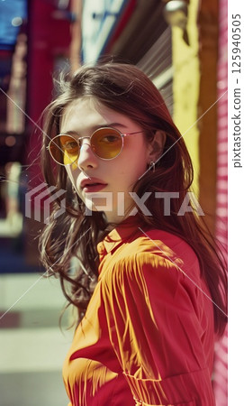 A young woman wearing yellow sunglasses strolls through a colorful urban street on a sunny day in the city 125940505