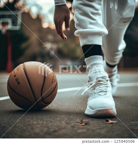 A young athlete dribbles a basketball on an outdoor court surrounded by trees during late afternoon sunlight 125940506