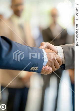 Business professionals engage in a firm handshake during a networking event in a modern office setting, fostering potential collaborations 125940507