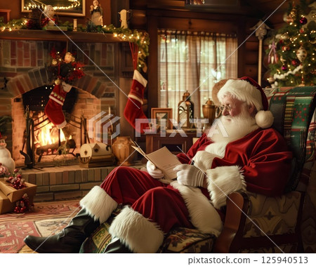 Santa Claus reading letters by the fireplace in a cozy cabin decorated for Christmas 125940513