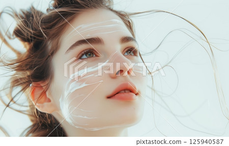 Young woman applying sunscreen while enjoying a sunny day on the beach with gentle sea breezes and flowing hair 125940587