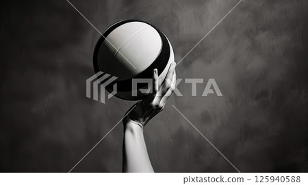 A hand poised to serve a volleyball, creating dynamic energy in a monochromatic composition 125940588