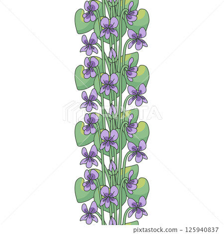 Stripe pattern with line art canary islands flowers blue violet. Floral seamless border with hand drawn millefleur Stripe pattern with line art canary islands flowers blue violet. Floral seamless border with hand drawn millefleur 125940837