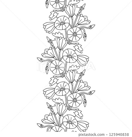 Stripe pattern with black and white line art canary islands flowers mallow bindweed. Floral seamless border with monochrome hand drawn millefleur Stripe pattern with black and white line art canary islands flowers mallow bindweed. Floral seamless border with monochrome hand drawn millefleur 125940838