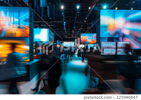 Tech exhibition with large screens displaying futuristic visuals, blurred crowds in motion, atmosphere of innovation. Scene of technology , perfect for modern tech themes Tech exhibition with large screens displaying futuristic visuals, blurred crowds in motion, atmosphere of innovation. Scene of technology , perfect for modern tech themes 125940847
