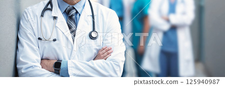 Attractive male doctor in front of medical group Attractive male doctor in front of medical group 125940987