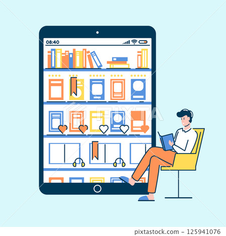 Cartoon Color Character Person Reading a Book and Online Library Concept Flat Design Style. Vector illustration of Mobile Application 125941076