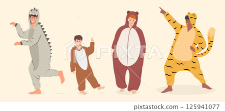 Cartoon Color Characters Boys in Pajamas Concept Flat Design Style. Vector illustration of Dinosaur, Tiger and Bear Cartoon Color Characters Boys in Pajamas Concept Flat Design Style. Vector illustration of Dinosaur, Tiger and Bear 125941077