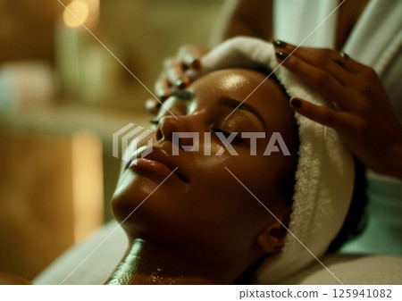 Woman enjoying a soothing facial treatment at a tranquil spa in the evening with soft lighting and serene ambiance Woman enjoying a soothing facial treatment at a tranquil spa in the evening with soft lighting and serene ambiance 125941082