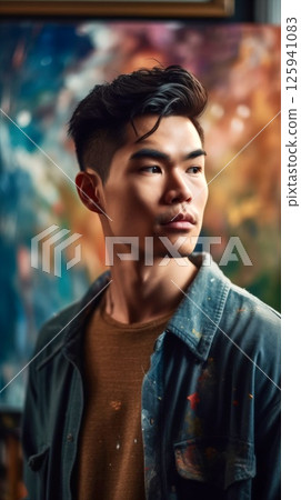 A young artist gazes thoughtfully while surrounded by vibrant colors in a creative studio filled with art supplies 125941083