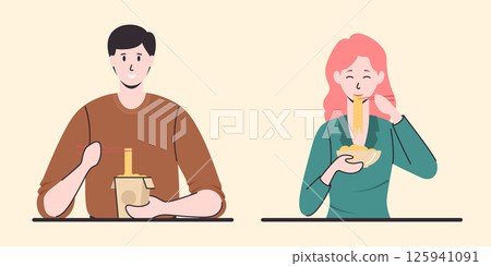 Cartoon Color Characters People Eating Asian Noodles with Chopsticks in Box Container and Bowl Concept Flat Design Style. Vector illustration Cartoon Color Characters People Eating Asian Noodles with Chopsticks in Box Container and Bowl Concept Flat Design Style. Vector illustration 125941091