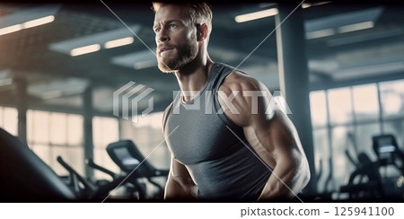 Focused man engaging in high-intensity workout at gym during evening hours 125941100