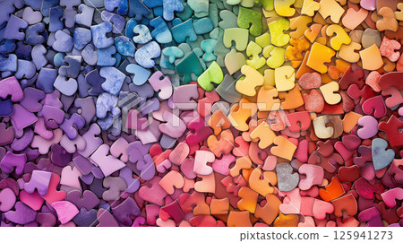Colorful heart jigsaw puzzle pieces in rainbow spectrum for creative design 125941273