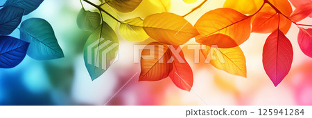 Vibrant rainbow leaves on blurred background for seasonal decoration designs 125941284