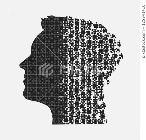 Male head from puzzle pieces, mental disorder 125941410