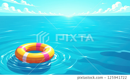 Colorful lifesaver floating in calm blue sea. 125941722