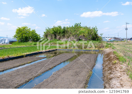 前日軍柳本機場南部防空洞遺址,矗立在水稻種植前的稻田中 前日軍柳本機場南部防空洞遺址,矗立在水稻種植前的稻田中 125941769