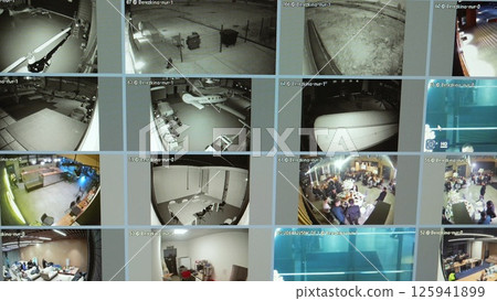 Multiple security cameras provide surveillance footage of different areas, from an aircraft hangar to meeting rooms and outdoor spaces, enhancing safety and monitoring activities Multiple security cameras provide surveillance footage of different areas, from an aircraft hangar to meeting rooms and outdoor spaces, enhancing safety and monitoring activities 125941899