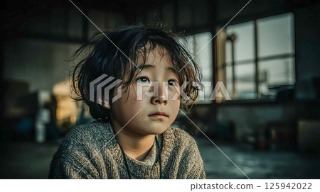 A small child with tears running down his face sits on the floor with a sad expression 125942022