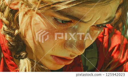 A young girl with a distressed expression on her face and red, watery eyes cries loudly, her head slightly tilted down in despair A young girl with a distressed expression on her face and red, watery eyes cries loudly, her head slightly tilted down in despair 125942023