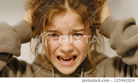 A young girl holds her head and screams loudly in fear 125942024