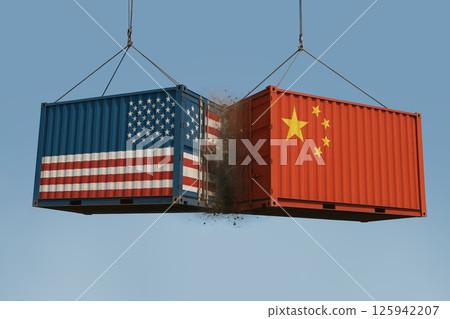 Shipping containers collision with USA and China flags 125942207