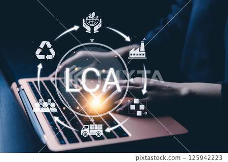 LCA, Life Cycle Assessment and Sustainability Concept. A digital interface displaying "LCA" surrounded by sustainability icons, recycling, transportation, production, and environmental conservation. 125942223