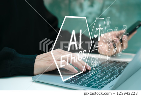 AI Ethics and Responsibility in Technology Concept. AI ethics and responsible artificial intelligence practices. Ethical AI development, fairness, and accountability for modern business and society. 125942228
