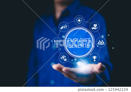 Employee Benefits and Compensation Strategy Concept. Icons representing employee benefits, including healthcare, insurance, vacation, financial perks, workplace incentives, and compensation strategy. 125942229