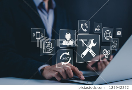 Technical support and customer service concept. Digital icon representing technical support, customer service, and 24/7 assistance. Business technology solutions for global support, service management 125942252
