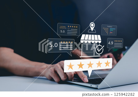Customer feedback and satisfaction review concept. User reviews and ratings customer feedback and satisfaction scores. business quality, service excellence, and consumer experience evaluation. 125942282
