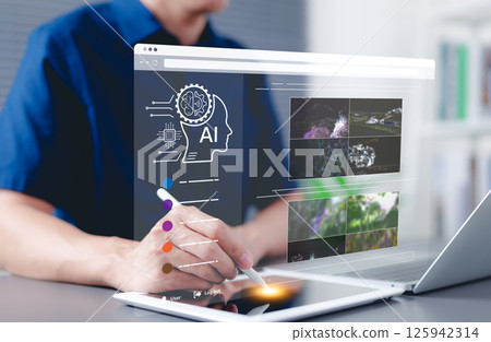 AI image creation technology. Person using digital pen and tablet to AI software to generate images, screen visual, AI Prompt, Image generated by artificial intelligence. photo, creativity art picture 125942314