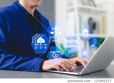 Digital government and E-governance concept. Businessman using laptop with icons e-governance, cloud computing, legal balance, government institutions, security infrastructure, online administration, Digital government and E-governance concept. Businessman using laptop with icons e-governance, cloud computing, legal balance, government institutions, security infrastructure, online administration, 125942317