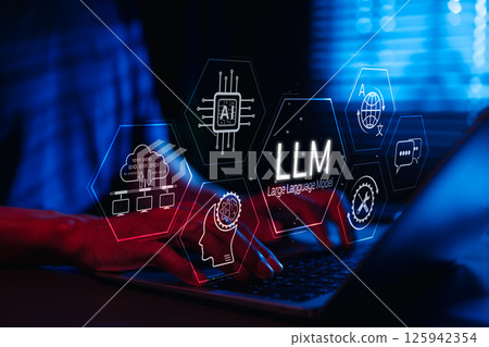 LLM Large Language Model and AI technology concept. Man working with LLM interface icons, artificial intelligence, deep learning, machine learning, natural language processing, Chat AI, Chatbot, 125942354