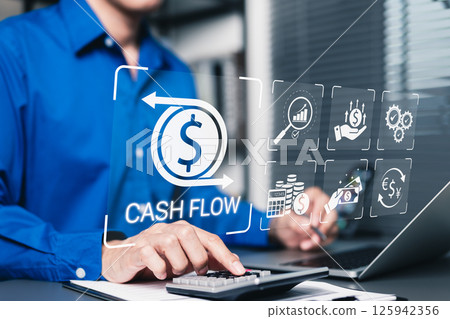 Cash flow management and financial analysis concept. Businessman using calculator and laptop with icons representing cash flow, financial management, budgeting, business growth, money, income, profit, Cash flow management and financial analysis concept. Businessman using calculator and laptop with icons representing cash flow, financial management, budgeting, business growth, money, income, profit, 125942356