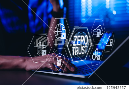 Zero trust security concept. Businessman types on laptop with virtual icons zero trust security, cloud protection, business information network security, shields, connectivity, cybersecurity measures, Zero trust security concept. Businessman types on laptop with virtual icons zero trust security, cloud protection, business information network security, shields, connectivity, cybersecurity measures, 125942357
