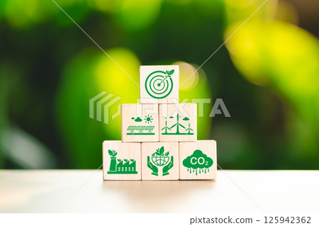Sustainable energy and environmental protection concept. Wooden block stacked displaying sustainability icon, renewable energy, eco-friendly industry, CO2 reduction, environment conservation, net zero 125942362