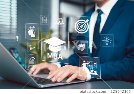 MBA Master of Business Administration Education concept. Businessman using laptop with icons MBA degree education, graduation cap, target, career growth, book, learning, goal setting, development, MBA Master of Business Administration Education concept. Businessman using laptop with icons MBA degree education, graduation cap, target, career growth, book, learning, goal setting, development, 125942365