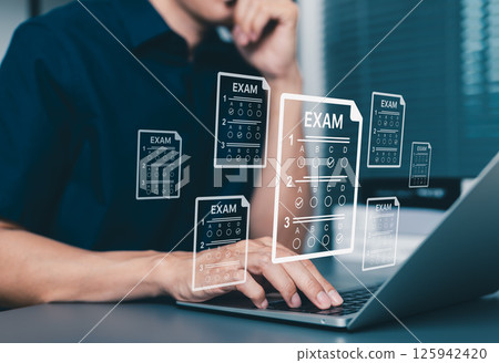 Online Exam and Digital Assessment Concept. A person types on a laptop surrounded by virtual exam sheets, symbolizing online testing, quiz, survey, education, questionnaire and remote assessments. Online Exam and Digital Assessment Concept. A person types on a laptop surrounded by virtual exam sheets, symbolizing online testing, quiz, survey, education, questionnaire and remote assessments. 125942420