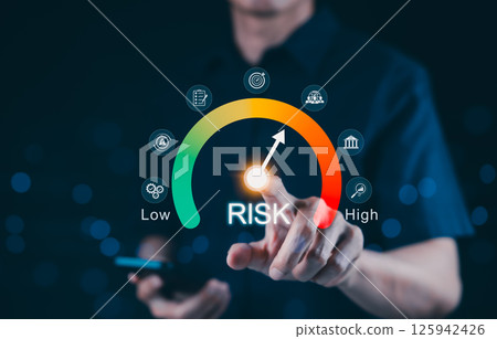 Risk assessment and management performance indicator gauge. Risk level gauge from low to high, performance evaluation, analysis, strategic planning, and decision-making process for business continuity 125942426