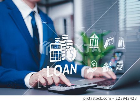 Personal Loan Calculation and Financial Planning Concept. Businessperson using calculator and laptop with digital loan icons, representing personal loans, interest rates, financial management tools, 125942428