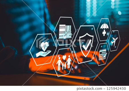 Insurance Coverage and Protection Concept. Insurance related icons including health, property, family, home, car, life insurance, healthcare, medical, and travel, symbolize comprehensive coverage. 125942430