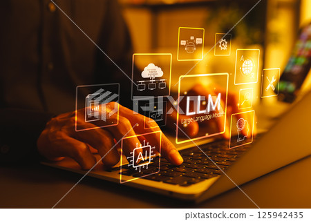 LLM Large Language Model and AI technology concept. Man working with LLM interface icons, artificial intelligence, deep learning, machine learning, natural language processing, Chat AI, Chatbot, 125942435